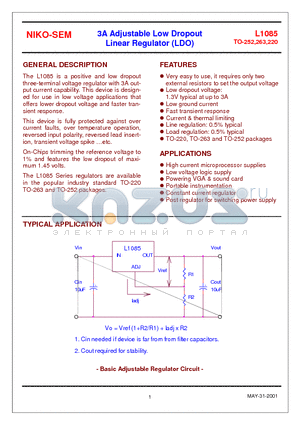 L1085T datasheet - 3A Adjustable Low Dropout Linear Regulator (LDO)