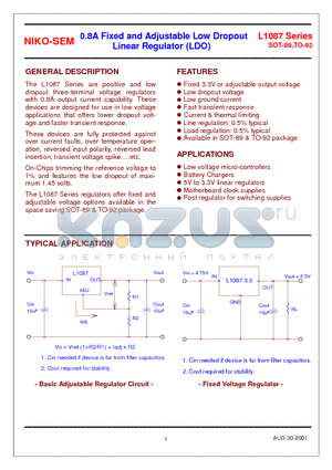 L1087-3.3 datasheet - 0.8A Fixed and Adjustable Low Dropout Linear Regulator (LDO)