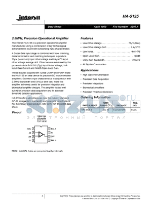 HA5135 datasheet - 2.5MHz, Precision Operational Amplifier