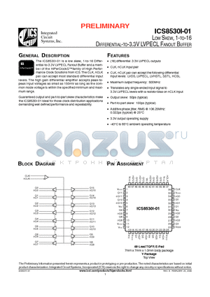 ICS8530DYI-01 datasheet - LOW SKEW, 1-TO-16 DIFFERENTIAL-TO-3.3V LVPECL FANOUT BUFFER