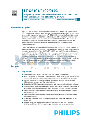 LPC2102FBD48 datasheet - Single-chip 16-bit/32-bit microcontrollers; 8 kB/16 kB/32 kB flash with ISP/IAP, fast ports and 10-bit ADC