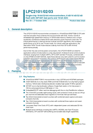 LPC2103FBD48 datasheet - Single-chip 16-bit/32-bit microcontrollers; 8 kB/16 kB/32 kB flash with ISP/IAP, fast ports and 10-bit ADC