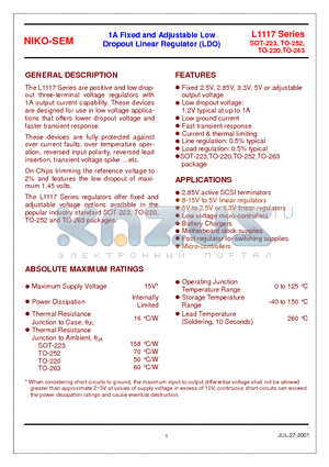 L1117-2.85 datasheet - 1A Fixed and Adjustable Low Dropout Linear Regulator (LDO)