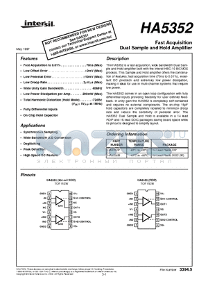 HA5352IP datasheet - Fast Acquisition Dual Sample and Hold Amplifier