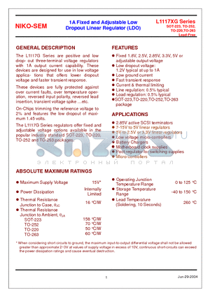 L1117XG datasheet - 1A Fixed and Adjustable Low Dropout Linear Regulator (LDO)