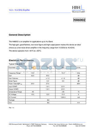 HA6002 datasheet - 14.0 - 16.4 GHz Amplifier