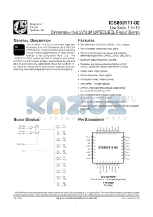 ICS853111A02 datasheet - LOW SKEW, 1-TO-10 DIFFERENTIAL-TO-2.5V/3.3V LVPECL/ECL FANOUT BUFFER