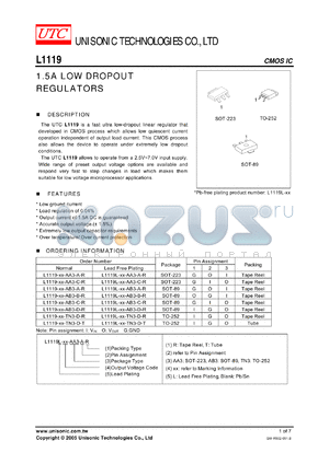 L1119-12-AA3-O-R datasheet - 1.5A LOW DROPOUT REGULATORS