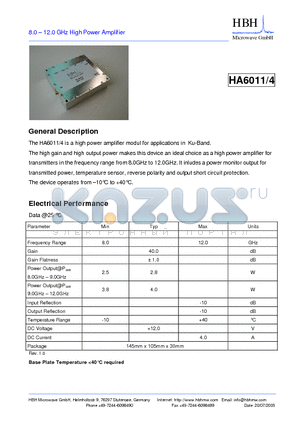 HA6011 datasheet - 8.0 - 12.0 GHz High Power Amplifier