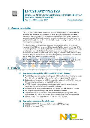 LPC2109 datasheet - Single-chip 16/32-bit microcontrollers; 64/128/256 kB ISP/IAP flash with 10-bit ADC and CAN