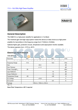 HA6013 datasheet - 17.0 - 18.0 GHz High Power Amplifier