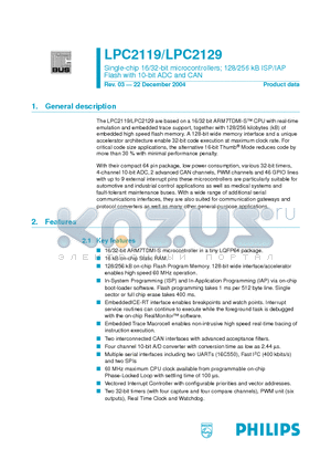 LPC2119FBD64 datasheet - Single-chip 16/32-bit microcontrollers; 128/256 kB ISP/IAP Flash with 10-bit ADC and CAN