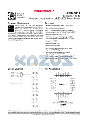 ICS853111AYT datasheet - LOW SKEW, 1-TO-10 DIFFERENTIAL-TO-2.5V/3.3V LVPECL/ECL FANOUT BUFFER