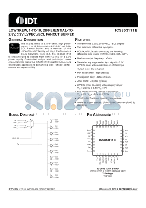 ICS853111BYLF datasheet - LOW SKEW, 1-TO-10, DIFFERENTIAL-TO- 2.5V, 3.3V LVPECL/ECL FANOUT BUFFER