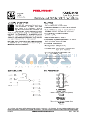 ICS85314AM01 datasheet - LOW SKEW, 1-TO-5  DIFFERENTIAL-TO-2.5V/3.3V LVPECL FANOUT BUFFER