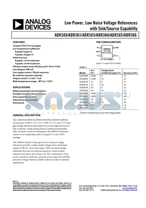 ADR360 datasheet - Low Power, Low Noise Voltage References with Sink/Source Capability