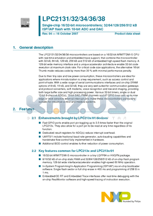 LPC2132FBD64 datasheet - Single-chip 16/32-bit microcontrollers; 32/64/128/256/512 kB ISP/IAP flash with 10-bit ADC and DAC