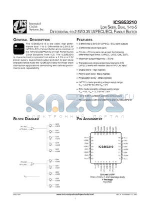 ICS853210AY datasheet - LOW SKEW, DUAL, 1-TO-5 DIFFERENTIAL-TO-2.5V/3.3V LVPECL/ECL FANOUT BUFFER