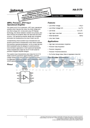 HA7-5170-5 datasheet - 8MHz, Precision, JFET Input Operational Amplifier
