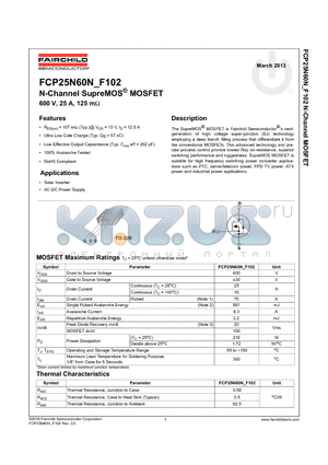 FCP25N60N datasheet - N-Channel SupreMOS^ MOSFET 600 V, 25 A, 125 mY