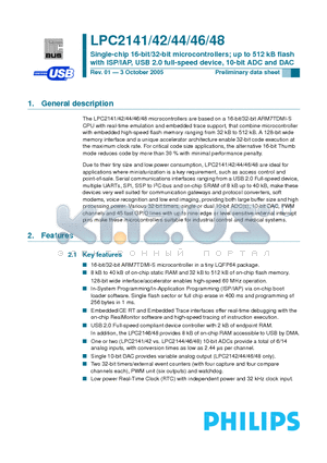 LPC2141 datasheet - Single-chip 16-bit/32-bit microcontrollers; up to 512 kB flash with ISP/IAP, USB 2.0 full-speed device, 10-bit ADC and DAC