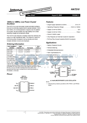 HA7210IP datasheet - 10kHz to 10MHz, Low Power Crystal Oscillator