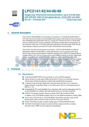 LPC2142FBD64 datasheet - Single-chip 16-bit/32-bit microcontrollers; up to 512 kB flash with ISP/IAP, USB 2.0 full-speed device, 10-bit ADC and DAC