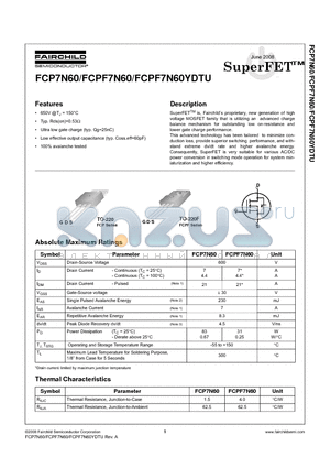 FCP7N60_08 datasheet - 600V N-Channel MOSFET