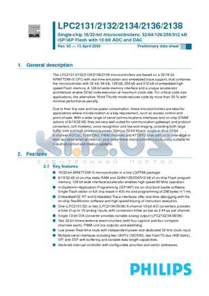 LPC2131FBD64 datasheet - Single-chip 16/32-bit microcontrollers; 32/64/512 kB ISP/IAP Flash with 10-bit ADC and DAC