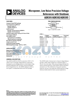 ADR391 datasheet - Micropower, Low Noise Precision Voltage References with Shutdown