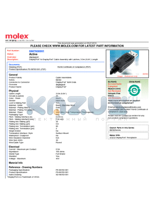 687830001 datasheet - DisplayPort-to-DisplayPort Cable Assembly with Latches, 3.0m (9.84 ) Length