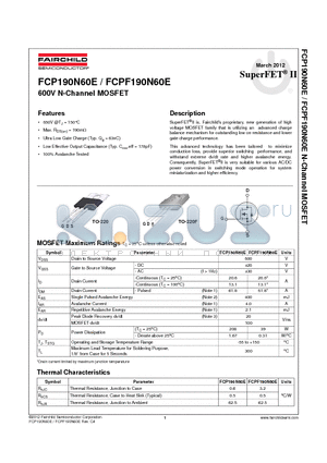 FCPF190N60E datasheet - 600V N-Channel MOSFET