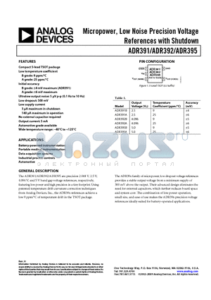 ADR392A datasheet - Micropower, Low Noise Precision Voltage References with Shutdown