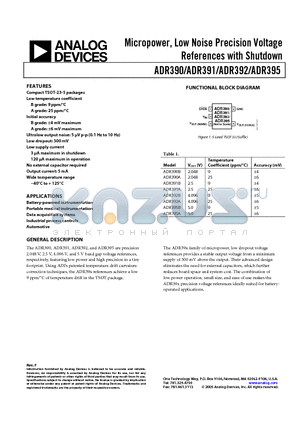 ADR392AUJZ-REEL7 datasheet - Precision Low Drift 2.048 V/2.5 V/4.096 V/ 5.0 V SOT-23 Reference with Shutdown