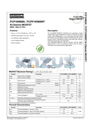 FCPF16N60NT datasheet - N-Channel MOSFET 600V, 16A, 0.170W