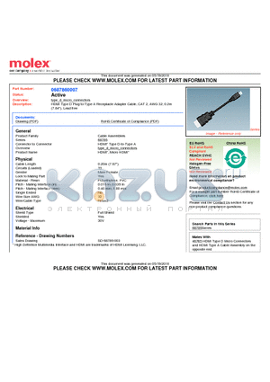 687860007 datasheet - HDMI Type D Plug-to-Type A Receptacle Adapter Cable, CAT 2, AWG 32, 0.2m (7.84