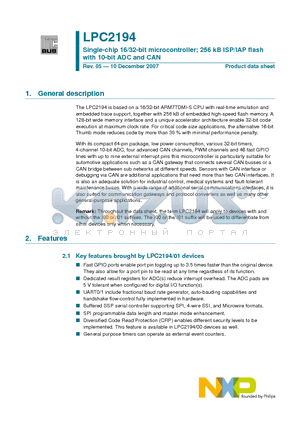 LPC2194 datasheet - Single-chip 16/32-bit microcontroller; 256 kB ISP/IAP flash with 10-bit ADC and CAN