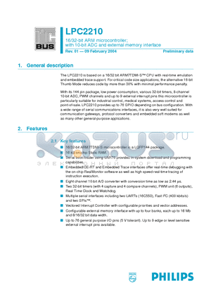 LPC2210FBD144 datasheet - 16/32-bit ARM microcontroller with 10-bit ADC and external memory interface