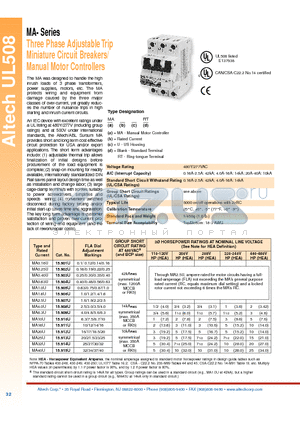 MA0.63U datasheet - Three Phase Adjustable Trip Miniature Circuit Breakers/ Manual Motor Controllers