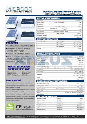 MA-XD-1W5 datasheet - 1000VDCIsolated 1.5WDual&single output DIP24 Converters