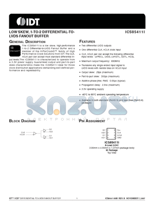 ICS85411AMI datasheet - LOW SKEW, 1-TO-2 DIFFERENTIAL-TOLVDS FANOUT BUFFER