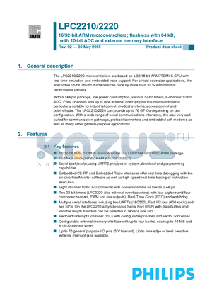 LPC2220FBD144 datasheet - 16/32-bit ARM microcontrollers; flashless with 64 kB, with 10-bit ADC and external memory interface