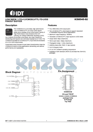 ICS8545-02 datasheet - LOW SKEW, 1-TO-4 LVCMOS/LVTTL-TO-LVDS FANOUT BUFFER