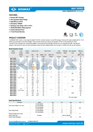 MA01 datasheet - DC/DC CONVERTER 1W Standard SIP-7 Package Semi-regulated Output Voltage