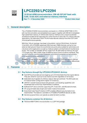 LPC2292 datasheet - 16/32-bit ARM microcontrollers; 256 kB ISP/IAP flash with CAN, 10-bit ADC and external memory interface