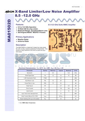 MA01502D_1 datasheet - X-Band Limiter/Low Noise Amplifier 8.5 -12.0 GHz