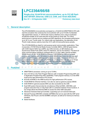 LPC2364 datasheet - Single-chip 16-bit/32-bit microcontrollers; up to 512 kB flash with ISP/IAP, Ethernet, USB 2.0, CAN, and 10-bit ADC/DAC