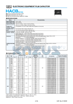 HACB3A104S datasheet - ELECTRONIC EQUIPMENT FILM CAPACITOR