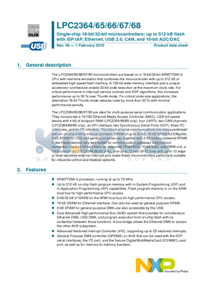 LPC2364 datasheet - Single-chip 16-bit/32-bit microcontrollers; up to 512 kB flash with ISP/IAP, Ethernet, USB 2.0, CAN, and 10-bit ADC/DAC