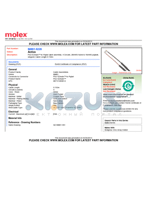 68801-4226 datasheet - Pico-EZmate-to-Pigtail cable assembly, 4 Circuits, 28AWG fused to 18AWG pigtails,stripped, Cable Length 0.152m